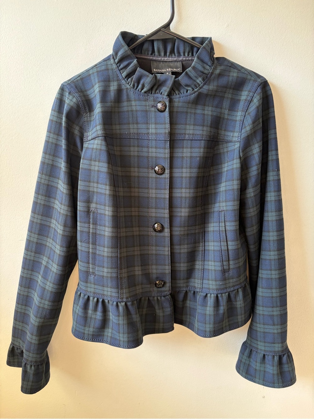 Banana Republic Navy and Green Plaid Ruffle-Hem Jacket - Picture 2 of 3